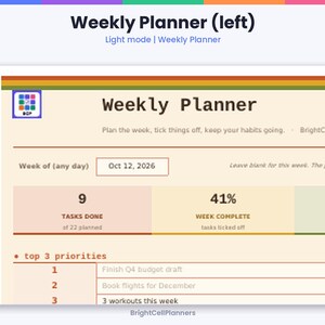 May include: A digital weekly planner template with a light cream background and a multi-colored striped header. The interface displays the text Weekly Planner, Oct 12, 2026, 9 tasks done, 41% week complete, and a top 3 priorities section.