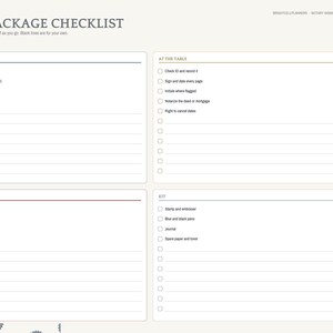 May include: A digital loan package checklist planner page with sections labeled Before, At The Table, After, and Kit. The layout includes checkboxes and lines for notes, with a side navigation bar featuring tabs for Index, Commission, Entries, Signings, Package, Contacts, Invoices, Mileage, and Notes.