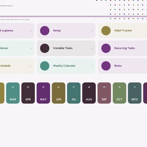 Puede incluir: Una p&aacute;gina de &iacute;ndice de planificador digital para 2027 titulada INDEX, con mosaicos de navegaci&oacute;n para Year at a glance, Setup, Habit Tracker, Goal Planner, Variable Tasks, Recurring Tasks, Task Schedule, Weekly Calendar y Notes, con una fila mensual de JAN a DEC.