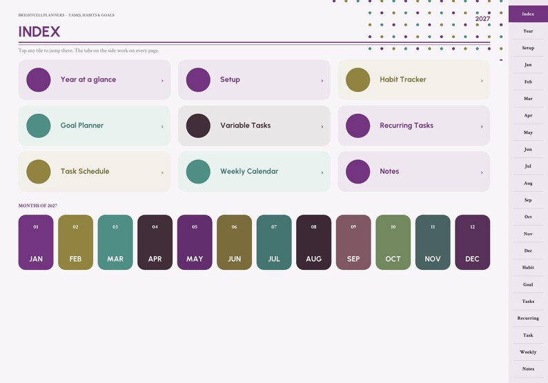 Puede incluir: Una p&aacute;gina de &iacute;ndice de planificador digital para 2027 titulada INDEX, con mosaicos de navegaci&oacute;n para Year at a glance, Setup, Habit Tracker, Goal Planner, Variable Tasks, Recurring Tasks, Task Schedule, Weekly Calendar y Notes, con una fila mensual de JAN a DEC.