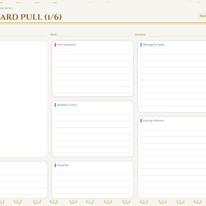 May include: A digital daily card pull journal page with a cream background and gold text. The layout includes sections for card sketch, first impression, message for today, symbols I notice, evening reflection, card and position, and keywords.