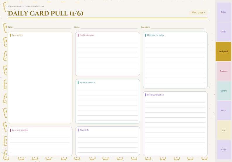 May include: A digital daily card pull journal page with a cream background and gold text. The layout includes sections for card sketch, first impression, message for today, symbols I notice, evening reflection, card and position, and keywords.