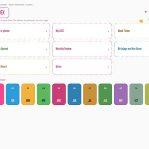 May include: A digital planner index page titled INDEX with a sidebar navigation menu. It features rectangular tiles for Year at a glance, My 2027, Week Finder, Weekly Spread, Monthly Review, Birthdays and Key Dates, Project Board, and Notes.