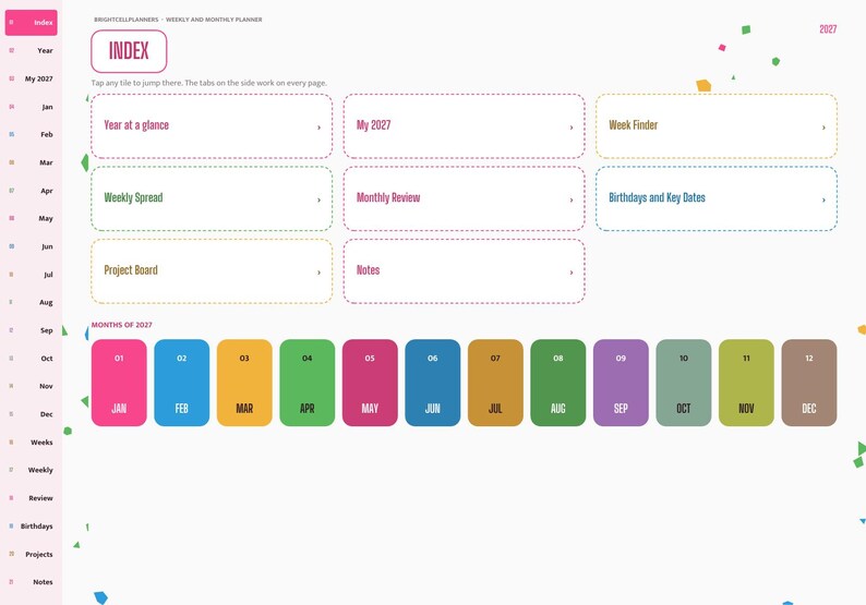 May include: A digital planner index page titled INDEX with a sidebar navigation menu. It features rectangular tiles for Year at a glance, My 2027, Week Finder, Weekly Spread, Monthly Review, Birthdays and Key Dates, Project Board, and Notes.