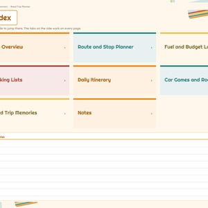 K&ouml;nnte beinhalten: Eine digitale Roadtrip-Planer-Oberfl&auml;che mit cremefarbenem Hintergrund und einer Indexseite. Das Layout enth&auml;lt Navigationsreiter auf der linken Seite und anklickbare Kacheln mit den Bezeichnungen Trip Overview, Route and Stop Planner, Fuel and Budget Log, Packing Lists, Daily Itinerary, Car Games and Road Bingo, Road Trip Memories und Notes sowie einen linierten Bereich f&uuml;r schnelle Notizen am unteren Rand.