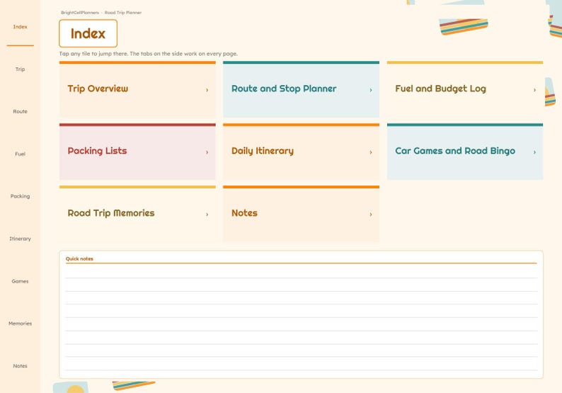 K&ouml;nnte beinhalten: Eine digitale Roadtrip-Planer-Oberfl&auml;che mit cremefarbenem Hintergrund und einer Indexseite. Das Layout enth&auml;lt Navigationsreiter auf der linken Seite und anklickbare Kacheln mit den Bezeichnungen Trip Overview, Route and Stop Planner, Fuel and Budget Log, Packing Lists, Daily Itinerary, Car Games and Road Bingo, Road Trip Memories und Notes sowie einen linierten Bereich f&uuml;r schnelle Notizen am unteren Rand.