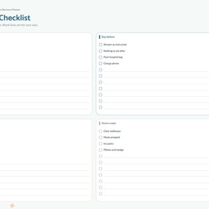 May include: A digital surgery recovery planner page titled Pre-Op Checklist with four sections: Two weeks before, Day before, Hospital bag, and Home ready. Each section contains checkboxes and lined spaces for notes, with a side navigation tab menu.