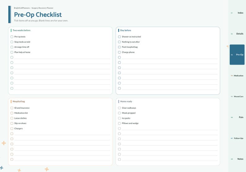 May include: A digital surgery recovery planner page titled Pre-Op Checklist with four sections: Two weeks before, Day before, Hospital bag, and Home ready. Each section contains checkboxes and lined spaces for notes, with a side navigation tab menu.