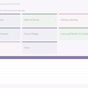 Puede incluir: Una p&aacute;gina de &iacute;ndice de planificador de funerales y servicios conmemorativos digitales con fondo morado claro. Incluye secciones clicables para descripci&oacute;n del servicio, orden, obituario, proveedores, presupuesto y notas.
