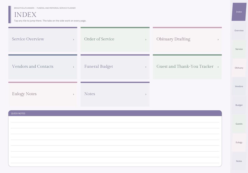 Puede incluir: Una p&aacute;gina de &iacute;ndice de planificador de funerales y servicios conmemorativos digitales con fondo morado claro. Incluye secciones clicables para descripci&oacute;n del servicio, orden, obituario, proveedores, presupuesto y notas.
