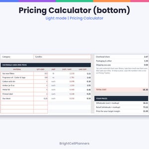 May include: A digital pricing calculator spreadsheet titled Pricing Calculator (bottom) with light mode interface. It displays columns for materials used, quantity, unit, cost per unit, and line cost for candle making supplies.