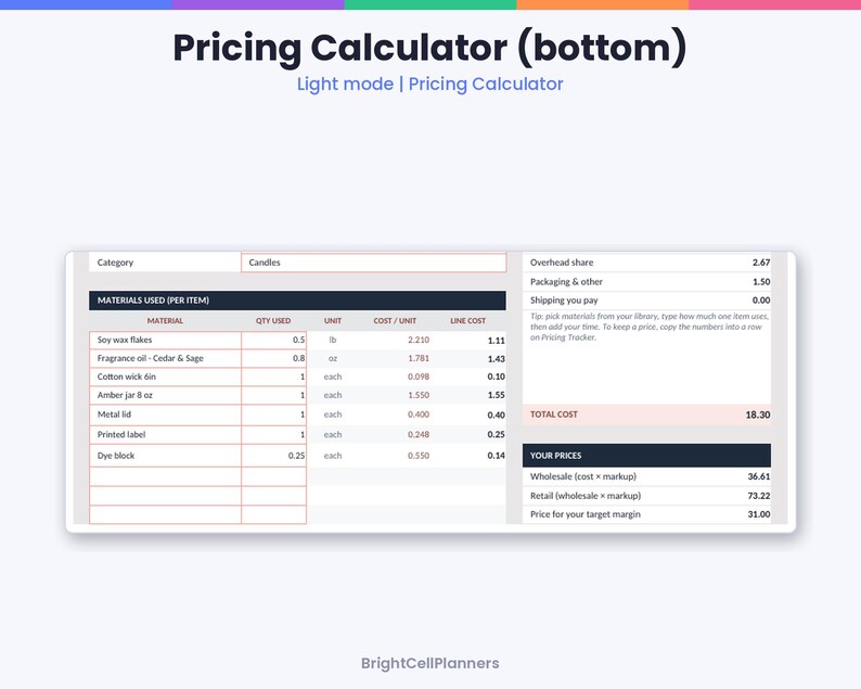May include: A digital pricing calculator spreadsheet titled Pricing Calculator (bottom) with light mode interface. It displays columns for materials used, quantity, unit, cost per unit, and line cost for candle making supplies.