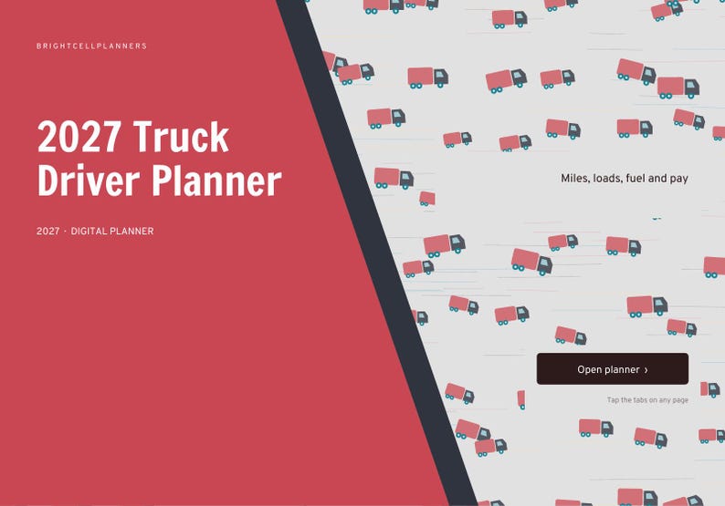 May include: A 2027 digital truck driver planner with a red and gray cover. The left side features the text BRIGHTCELLPLANNERS, 2027 Truck Driver Planner, and 2027 - DIGITAL PLANNER. The right side shows a pattern of small red trucks.