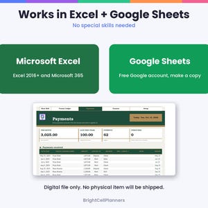 Puede incluir: Una plantilla de hoja de c&aacute;lculo digital para gesti&oacute;n inmobiliaria con un panel de pagos. El texto incluye Works in Excel + Google Sheets, Microsoft Excel 2016+ y Microsoft 365, Google Sheets y Payments. La interfaz muestra datos financieros.