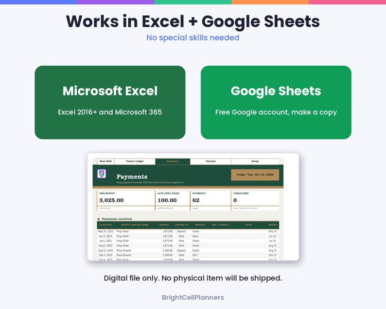 Puede incluir: Una plantilla de hoja de c&aacute;lculo digital para gesti&oacute;n inmobiliaria con un panel de pagos. El texto incluye Works in Excel + Google Sheets, Microsoft Excel 2016+ y Microsoft 365, Google Sheets y Payments. La interfaz muestra datos financieros.