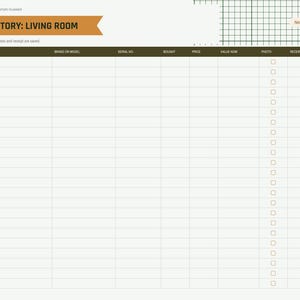 Puede incluir: Una p&aacute;gina de planificador de inventario de habitaciones para una sala de estar con un encabezado marr&oacute;n etiquetado ROOM INVENTORY: LIVING ROOM. La tabla incluye columnas para art&iacute;culo, marca, n&uacute;mero de serie, compra, precio, valor, foto y recibo con casillas de verificaci&oacute;n.
