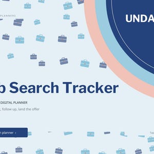 May include: A digital job search tracker planner with a light blue background featuring a pattern of small briefcase icons. The text reads Job Search Tracker, Undated, Digital Planner, Apply smart, follow up, land the offer, and Open planner.