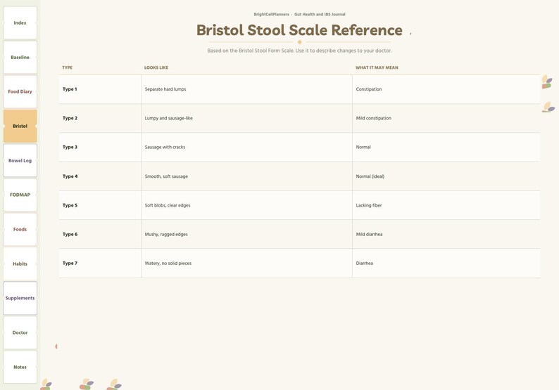 May include: A Bristol Stool Scale Reference chart with a sidebar menu. The table lists seven types of stool, describing their appearance and potential health meanings, ranging from Type 1 constipation to Type 7 diarrhea.