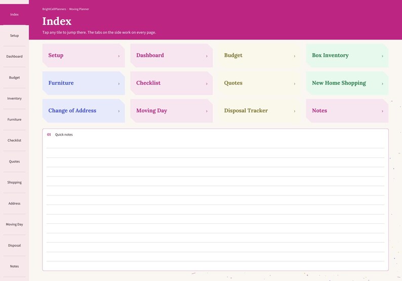 May include: A digital moving planner interface with a magenta header labeled Index. The screen features a sidebar and a grid of rectangular tiles labeled Setup, Dashboard, Budget, Box Inventory, Furniture, Checklist, Quotes, New Home Shopping, Change of Address, Moving Day, Disposal Tracker, and Notes. A large white lined section for quick notes is at the bottom.