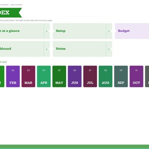 Puede incluir: Una p&aacute;gina de &iacute;ndice de planificador digital para 2027 titulada INDEX con mosaicos de navegaci&oacute;n para Year at a glance, Setup, Budget, Dashboard y Notes. Debajo hay doce botones rectangulares etiquetados de JAN a DEC en verde, morado y gris.