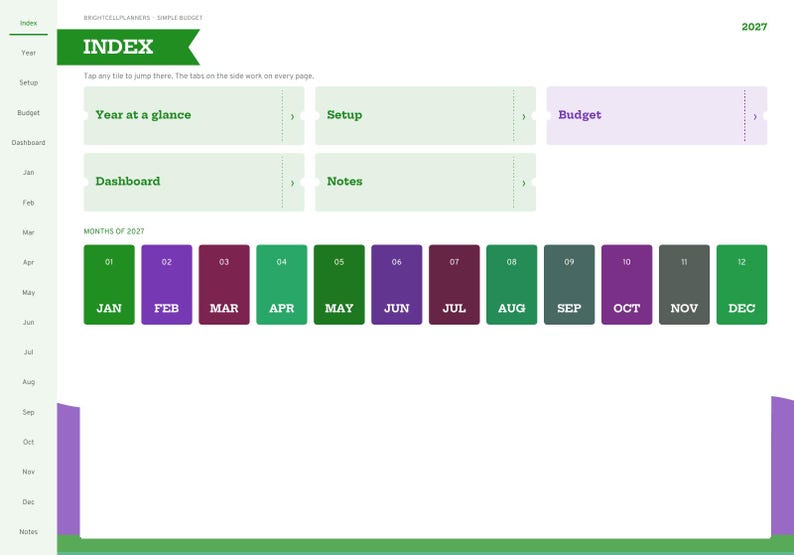 Puede incluir: Una p&aacute;gina de &iacute;ndice de planificador digital para 2027 titulada INDEX con mosaicos de navegaci&oacute;n para Year at a glance, Setup, Budget, Dashboard y Notes. Debajo hay doce botones rectangulares etiquetados de JAN a DEC en verde, morado y gris.