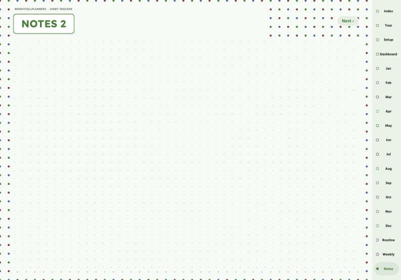 May include: A digital planner page titled NOTES 2 with a light green background and a dark dot grid pattern. The right side features a vertical navigation bar with labels including Index, Year, Setup, Dashboard, months from Jan to Dec, Routine, and Weekly.