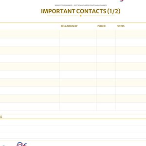 May include: A digital planner page titled IMPORTANT CONTACTS (1/2) with columns for Name, Relationship, Phone, and Notes. The left side features a vertical navigation bar with tabs for months and sections, and a Notes section at the bottom.