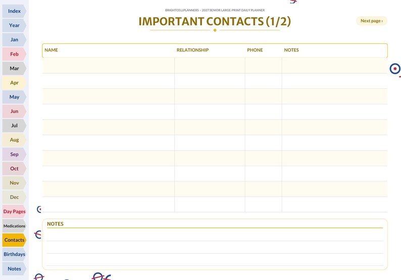 May include: A digital planner page titled IMPORTANT CONTACTS (1/2) with columns for Name, Relationship, Phone, and Notes. The left side features a vertical navigation bar with tabs for months and sections, and a Notes section at the bottom.