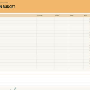 Puede incluir: Una p&aacute;gina de planificador digital titulada MOVING-IN BUDGET con un encabezado naranja claro. La tabla incluye columnas para Item, Category, Budget, Actual y Paid, con una secci&oacute;n de notas en la parte inferior y una pesta&ntilde;a de navegaci&oacute;n vertical.
