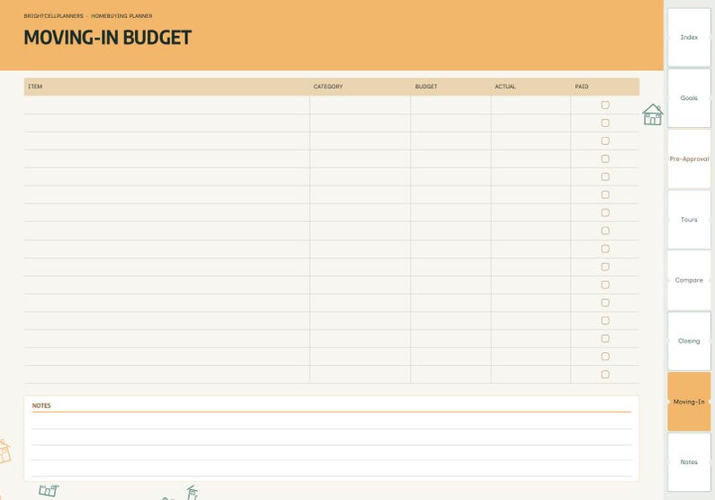 Puede incluir: Una p&aacute;gina de planificador digital titulada MOVING-IN BUDGET con un encabezado naranja claro. La tabla incluye columnas para Item, Category, Budget, Actual y Paid, con una secci&oacute;n de notas en la parte inferior y una pesta&ntilde;a de navegaci&oacute;n vertical.