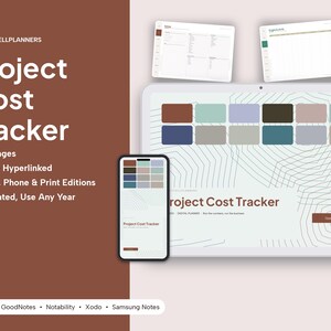 Puede incluir: Un planificador digital Project Cost Tracker mostrado en una pantalla de tableta y tel&eacute;fono inteligente, con 18 p&aacute;ginas, hiperv&iacute;nculos y dise&ntilde;os sin fecha. La interfaz incluye muestras de color, patrones de l&iacute;neas topogr&aacute;ficas y etiquetas de texto para la compatibilidad con GoodNotes, Notability, Xodo y Samsung Notes.