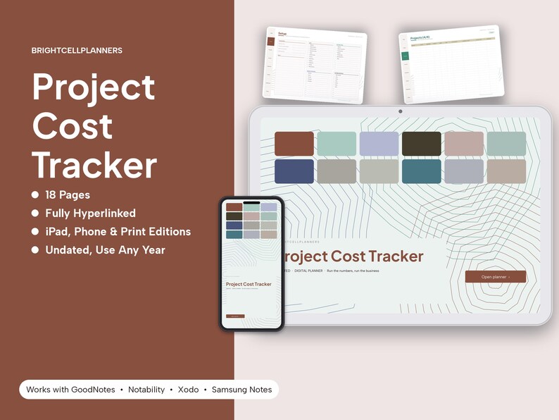 Puede incluir: Un planificador digital Project Cost Tracker mostrado en una pantalla de tableta y tel&eacute;fono inteligente, con 18 p&aacute;ginas, hiperv&iacute;nculos y dise&ntilde;os sin fecha. La interfaz incluye muestras de color, patrones de l&iacute;neas topogr&aacute;ficas y etiquetas de texto para la compatibilidad con GoodNotes, Notability, Xodo y Samsung Notes.