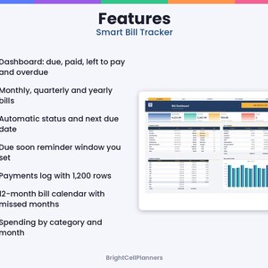 May include: A digital Smart Bill Tracker dashboard interface featuring a bill summary, payment logs with 1,200 rows, a 12-month calendar, and spending charts. The list of features includes due, paid, and overdue status tracking.