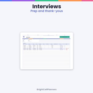 May include: A digital planner interface titled Interviews Prep and thank-yous, featuring a table with columns for date, time, company, role, status, and notes. The layout includes summary boxes and a green button, with BrightCellPlanners at the bottom.