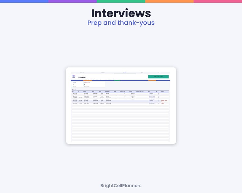 May include: A digital planner interface titled Interviews Prep and thank-yous, featuring a table with columns for date, time, company, role, status, and notes. The layout includes summary boxes and a green button, with BrightCellPlanners at the bottom.