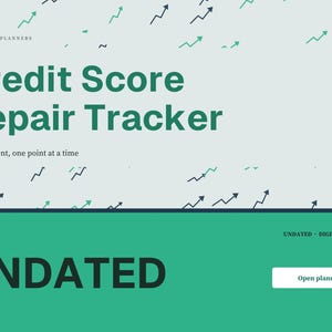 May include: A digital Credit Score Repair Tracker planner with a light grey background featuring dark green and teal upward-trending arrows. The text reads Brightcellplanners, Credit Score Repair Tracker, One payment, one point at a time, UNDATED, and Open planner.