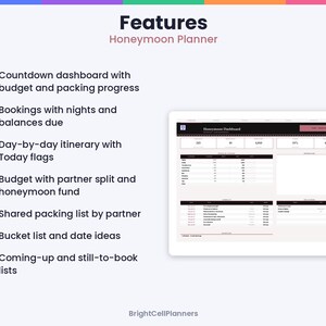 May include: A digital Honeymoon Planner dashboard displayed on a tablet screen. The list of features includes a countdown dashboard, bookings, day-by-day itinerary, budget tracker, shared packing list, bucket list, and booking lists.