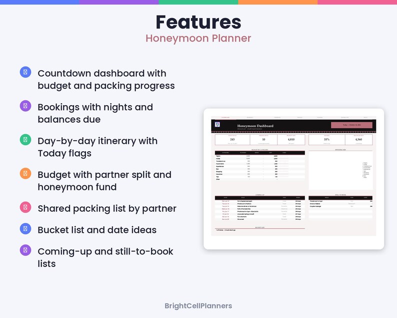 May include: A digital Honeymoon Planner dashboard displayed on a tablet screen. The list of features includes a countdown dashboard, bookings, day-by-day itinerary, budget tracker, shared packing list, bucket list, and booking lists.