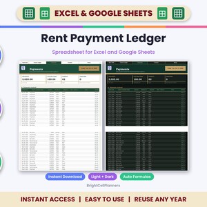 Puede incluir: Una hoja de c&aacute;lculo digital de registro de pagos de alquiler para Excel y Google Sheets con versiones clara y oscura. La interfaz muestra columnas de seguimiento de pagos, f&oacute;rmulas autom&aacute;ticas y campos editables.