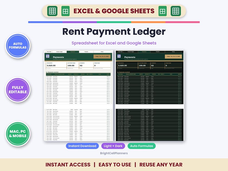 Puede incluir: Una hoja de c&aacute;lculo digital de registro de pagos de alquiler para Excel y Google Sheets con versiones clara y oscura. La interfaz muestra columnas de seguimiento de pagos, f&oacute;rmulas autom&aacute;ticas y campos editables.