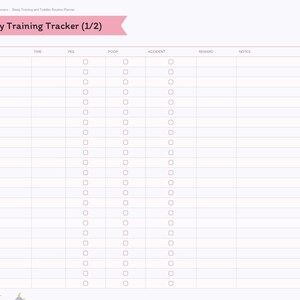 May include: A digital Potty Training Tracker (1/2) planner page with a pink header. The table includes columns for Date, Time, Pee, Poop, Accident, Reward, and Notes. A sidebar lists sections including Index, Little One, Naps, Potty, Meals, Milestones, and Notes.