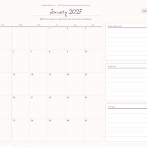 May include: A digital planner page for January 2027 featuring a monthly calendar grid, a sidebar with navigation tabs, and three lined sections labeled Scripture, Prayer focus, and Faith goal. The layout is white with purple text.
