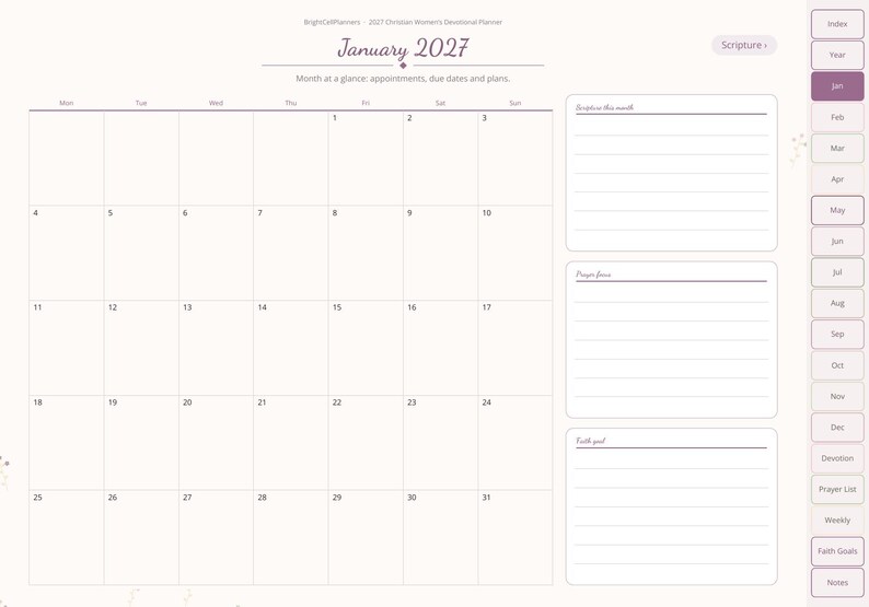 May include: A digital planner page for January 2027 featuring a monthly calendar grid, a sidebar with navigation tabs, and three lined sections labeled Scripture, Prayer focus, and Faith goal. The layout is white with purple text.