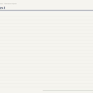 May include: A digital planner page titled Notes 1 with a left-hand navigation sidebar containing tabs for Index, Overview, Steps, Probate, Contacts, Certificates, Assets, Debts, Closure, Digital, Home, Expenses, Calls, Board, and Notes.
