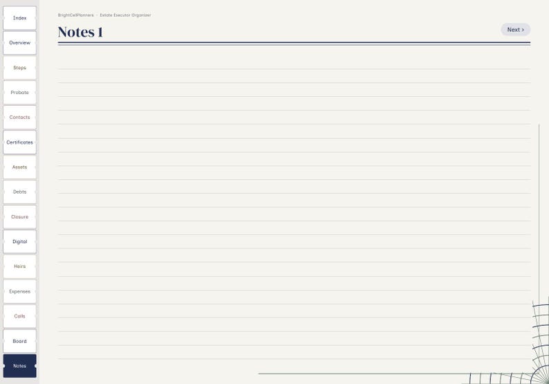 May include: A digital planner page titled Notes 1 with a left-hand navigation sidebar containing tabs for Index, Overview, Steps, Probate, Contacts, Certificates, Assets, Debts, Closure, Digital, Home, Expenses, Calls, Board, and Notes.
