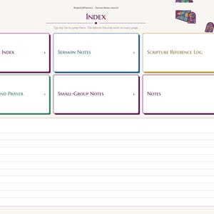 May include: A digital sermon notes journal index page featuring six rectangular navigation boxes labeled Sermon Series Index, Sermon Notes, Scripture Reference Log, Application and Prayer, Small-Group Notes, and Notes, with a lined Quick notes section.