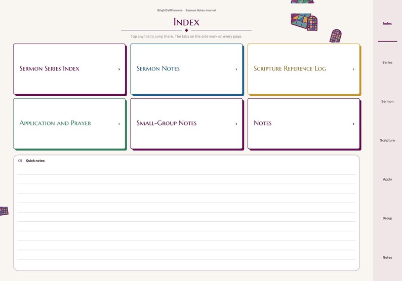 May include: A digital sermon notes journal index page featuring six rectangular navigation boxes labeled Sermon Series Index, Sermon Notes, Scripture Reference Log, Application and Prayer, Small-Group Notes, and Notes, with a lined Quick notes section.
