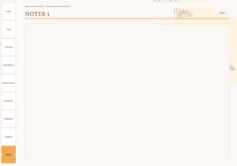 May include: A digital cancer treatment journal page titled NOTES 1 with a left-hand navigation menu containing tabs for Index, Team, Calendar, Side Effects, Appointments, Questions, Medication, Support, and Notes. The page features a large blank area.