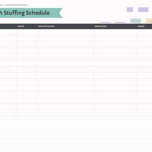 May include: A digital planner page titled Cash Stuffing Schedule with a dark header containing columns for Payday, Amount, Envelopes Stuffed, Sinking Funds, Savings, and Done. The left sidebar lists Index, Categories, Schedule, Ledgers, Sinking, Recap, and Notes.