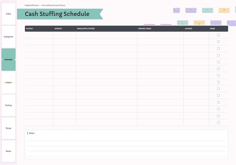 May include: A digital planner page titled Cash Stuffing Schedule with a dark header containing columns for Payday, Amount, Envelopes Stuffed, Sinking Funds, Savings, and Done. The left sidebar lists Index, Categories, Schedule, Ledgers, Sinking, Recap, and Notes.